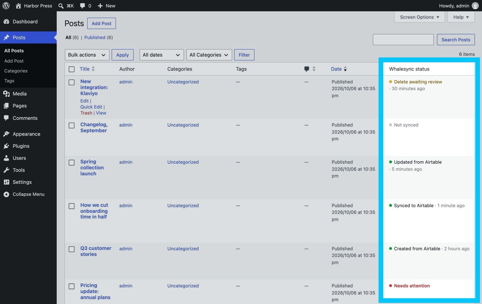 The WordPress posts list with a Whalesync status column showing each post’s last sync event, such as “Updated from Airtable · 5 minutes ago”, “Not synced” and “Needs attention”
